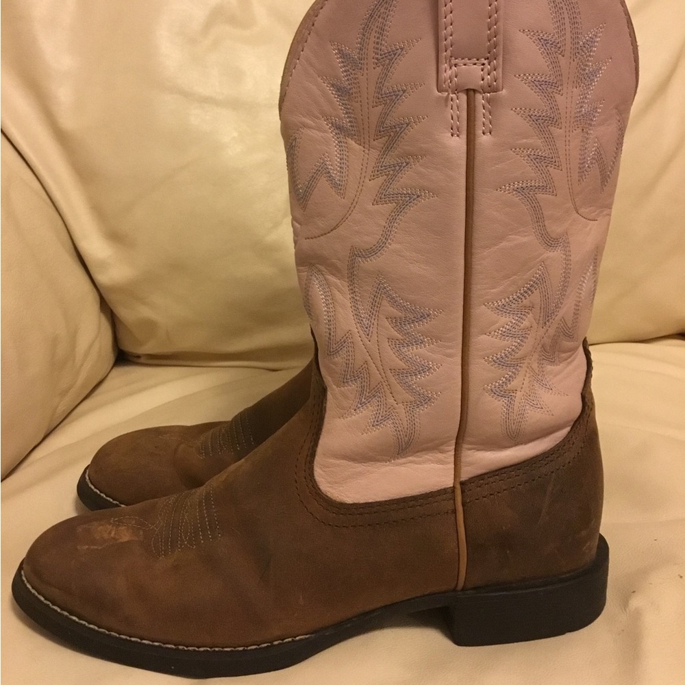 Women’s Ariat Pink + Brown Leather Cowboy Boots Size 7.5B